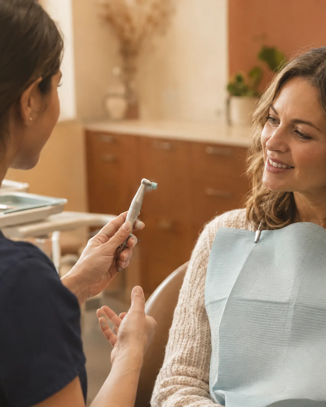 Dental hygienist showing a polishing prophy angle to a smiling adult patient at Lambton Dental