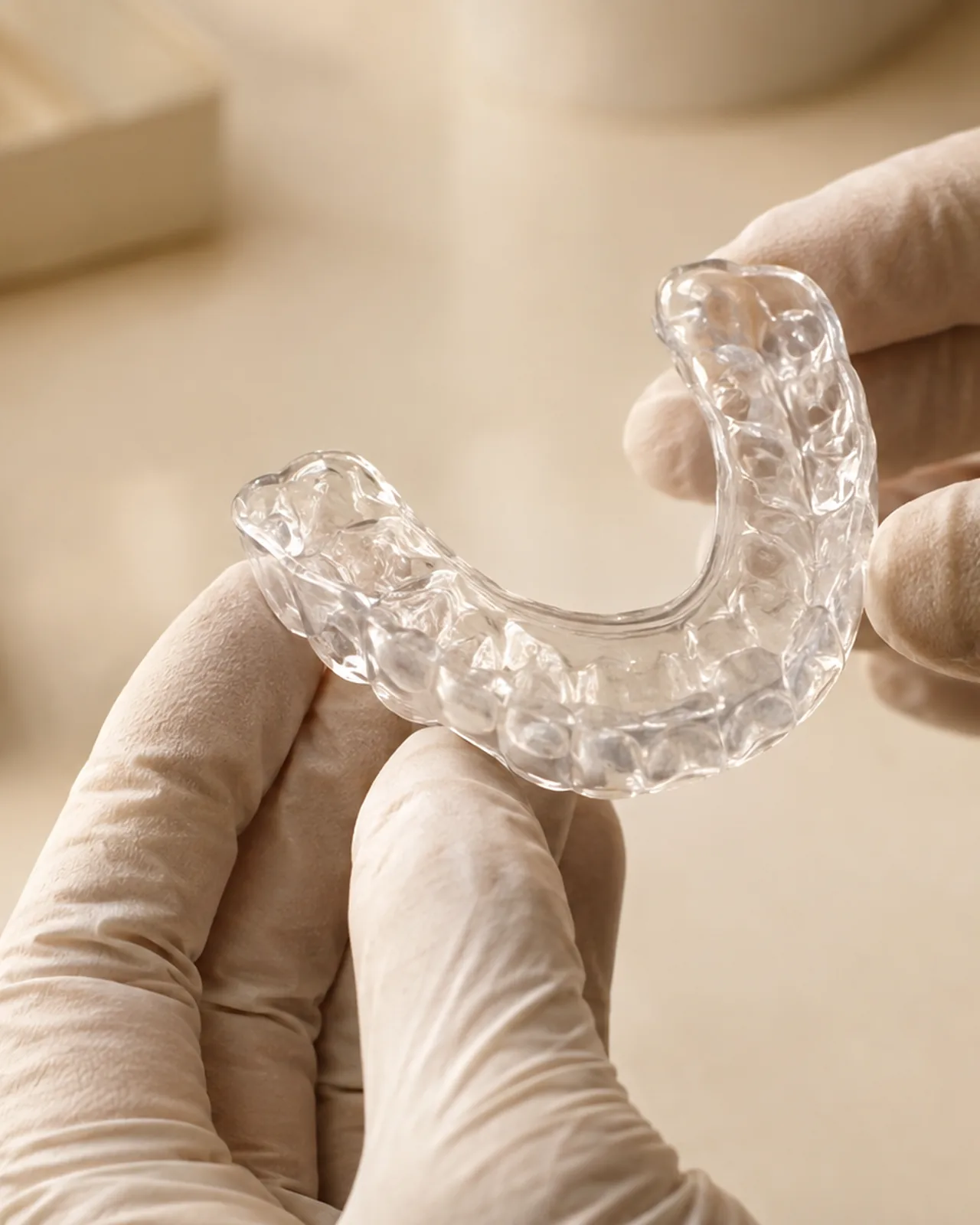 Custom-fit clear sports mouthguard held in gloved hands, ready for a Lambton Dental patient