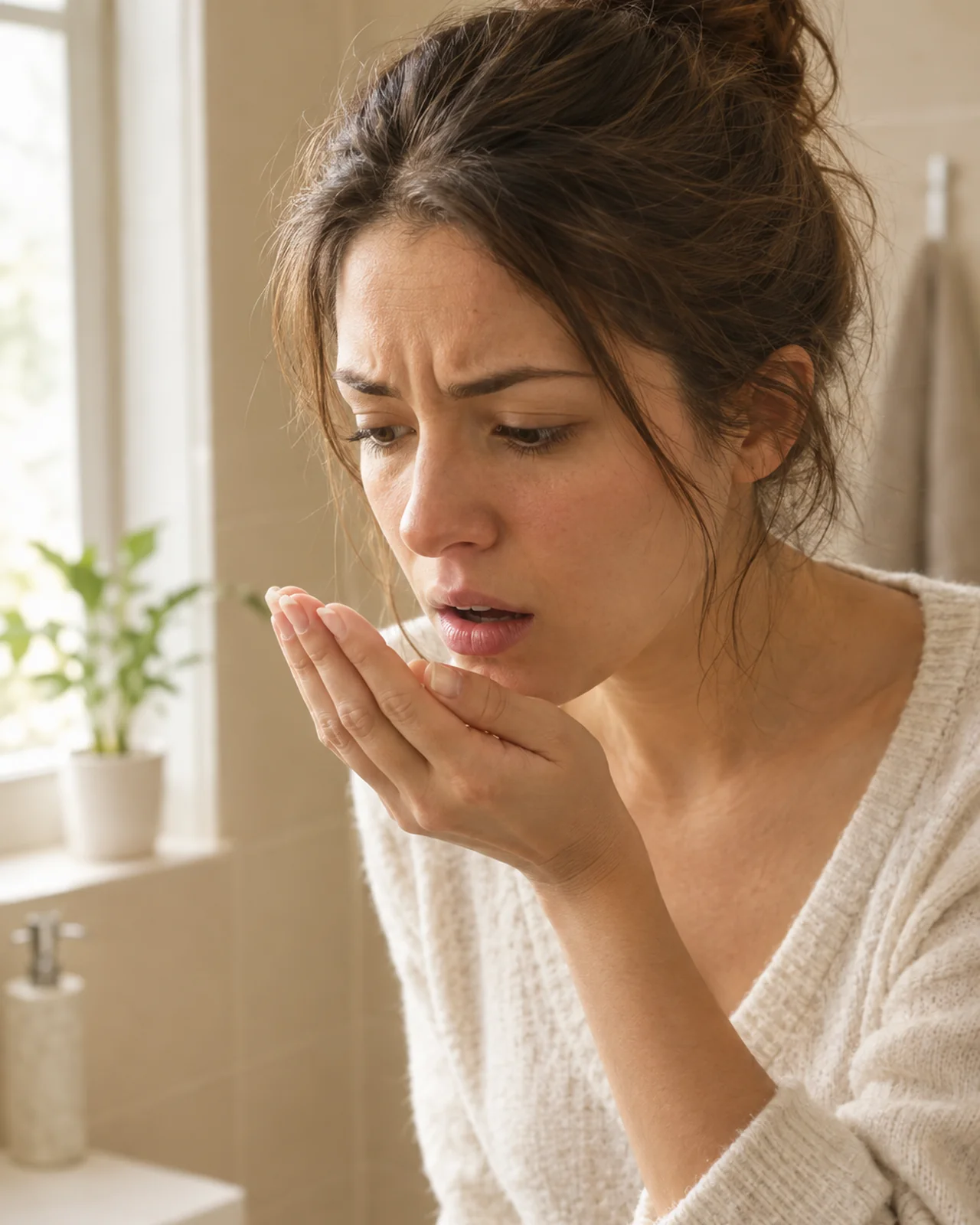 An adult woman checks her own breath discreetly with a subtly concerned expression.
