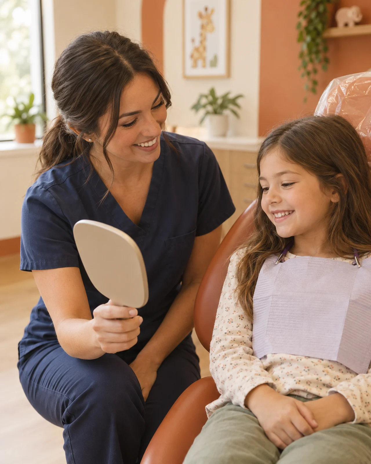 A friendly hygienist shows a smiling young child a hand mirror during a cleaning visit.