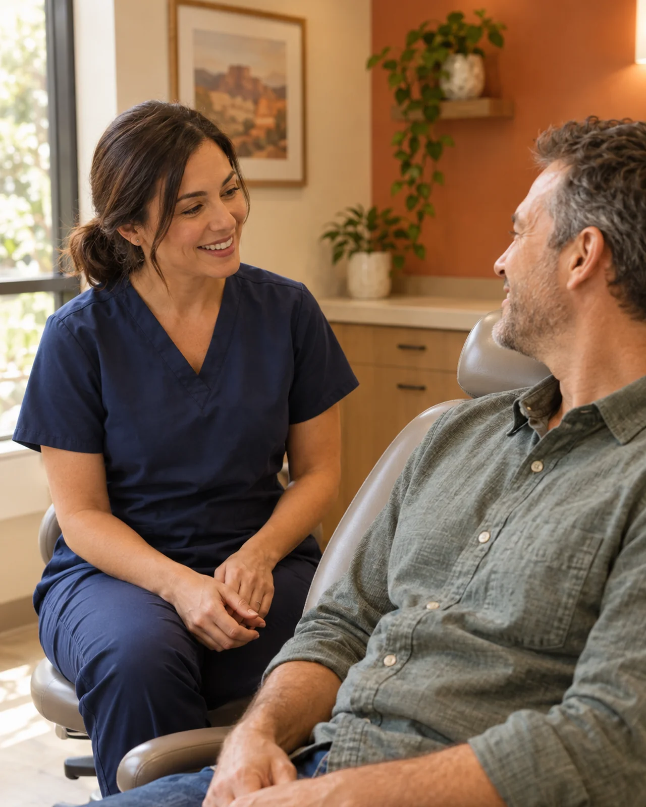 A calm consult between a female dentist in navy scrubs and a male patient in a warm modern dental office.