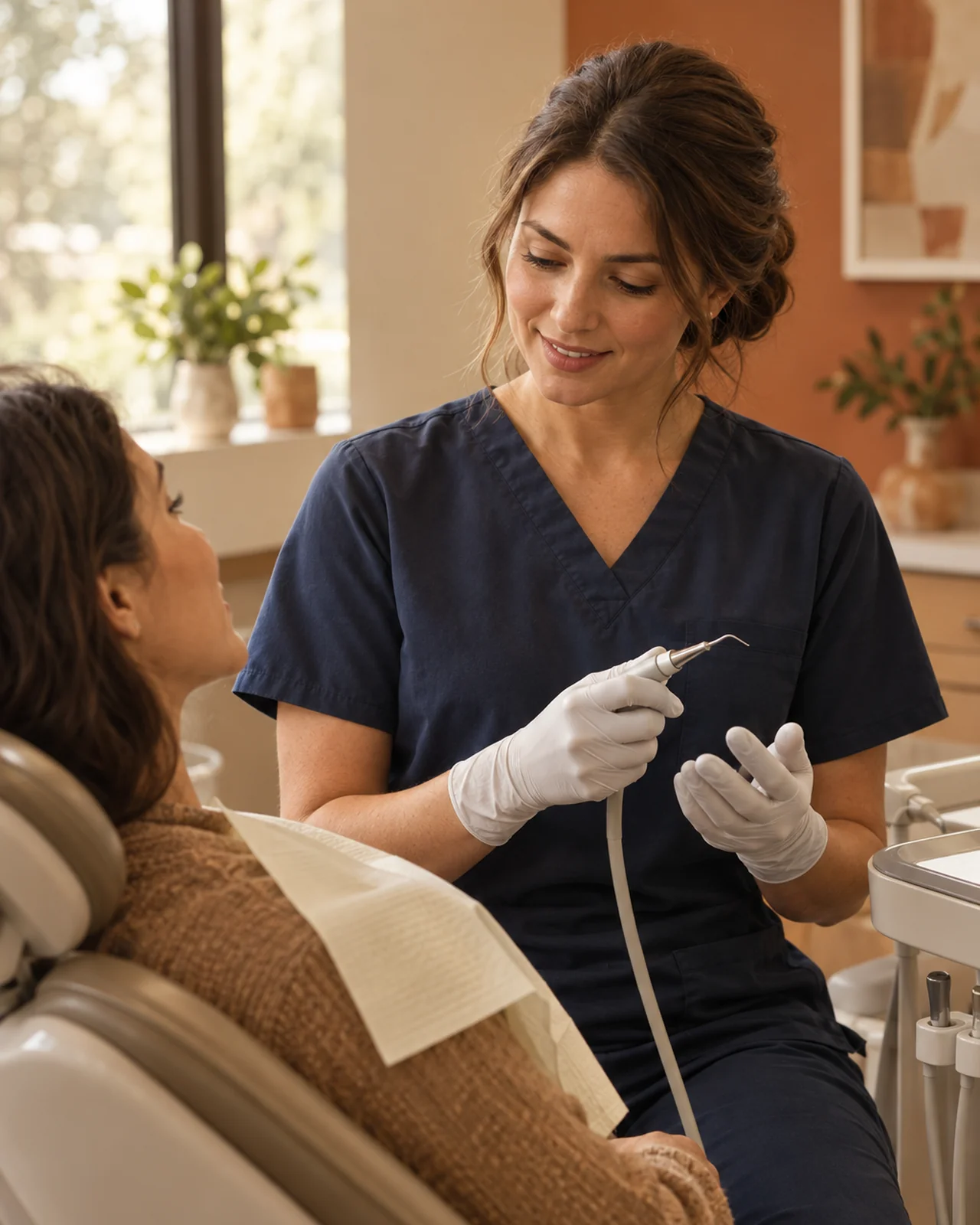A hygienist holds a small ultrasonic scaler beside a calm adult patient in a modern dental chair.