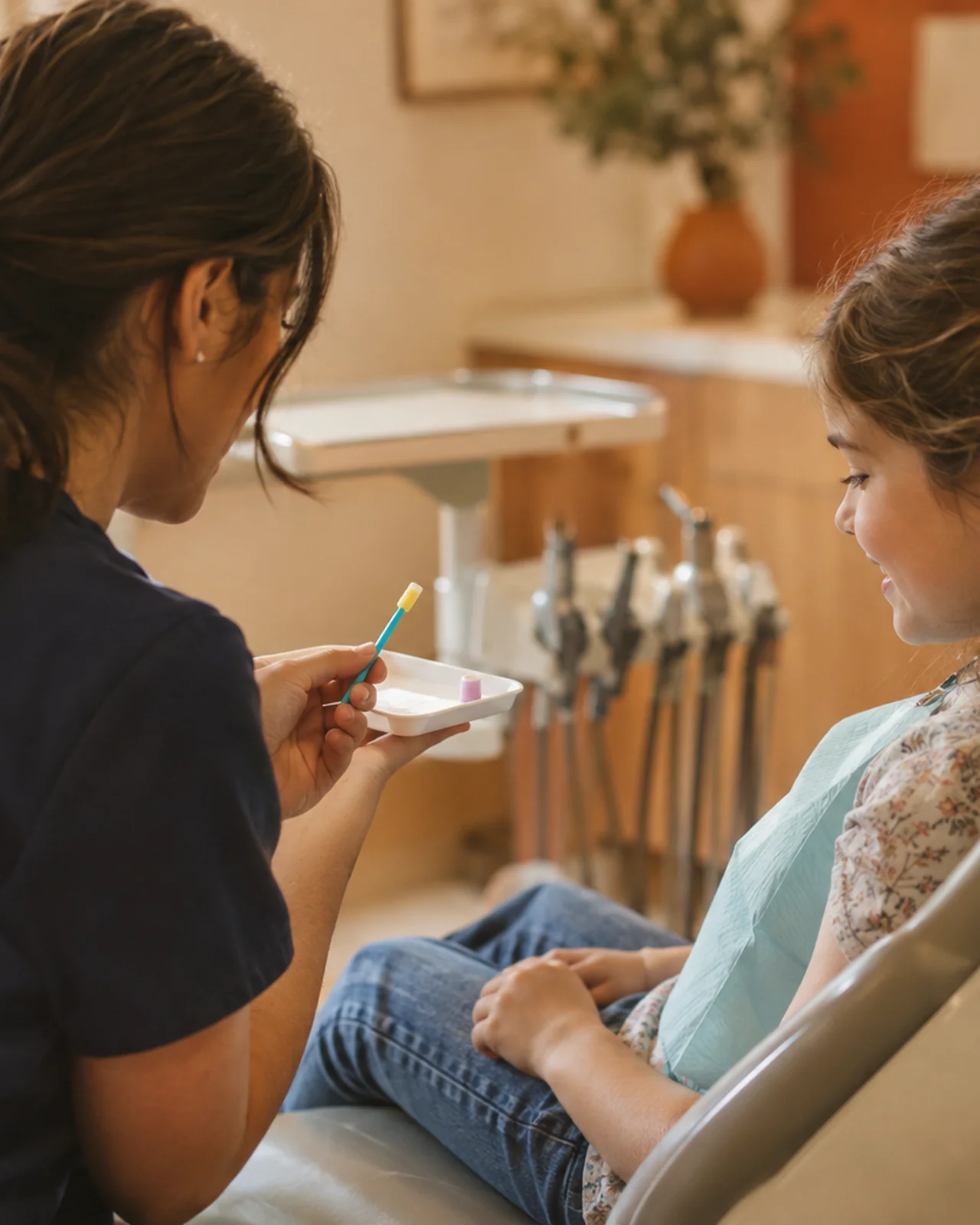 A friendly hygienist in navy scrubs shows a small fluoride varnish applicator to a smiling child seated in a dental chair.
