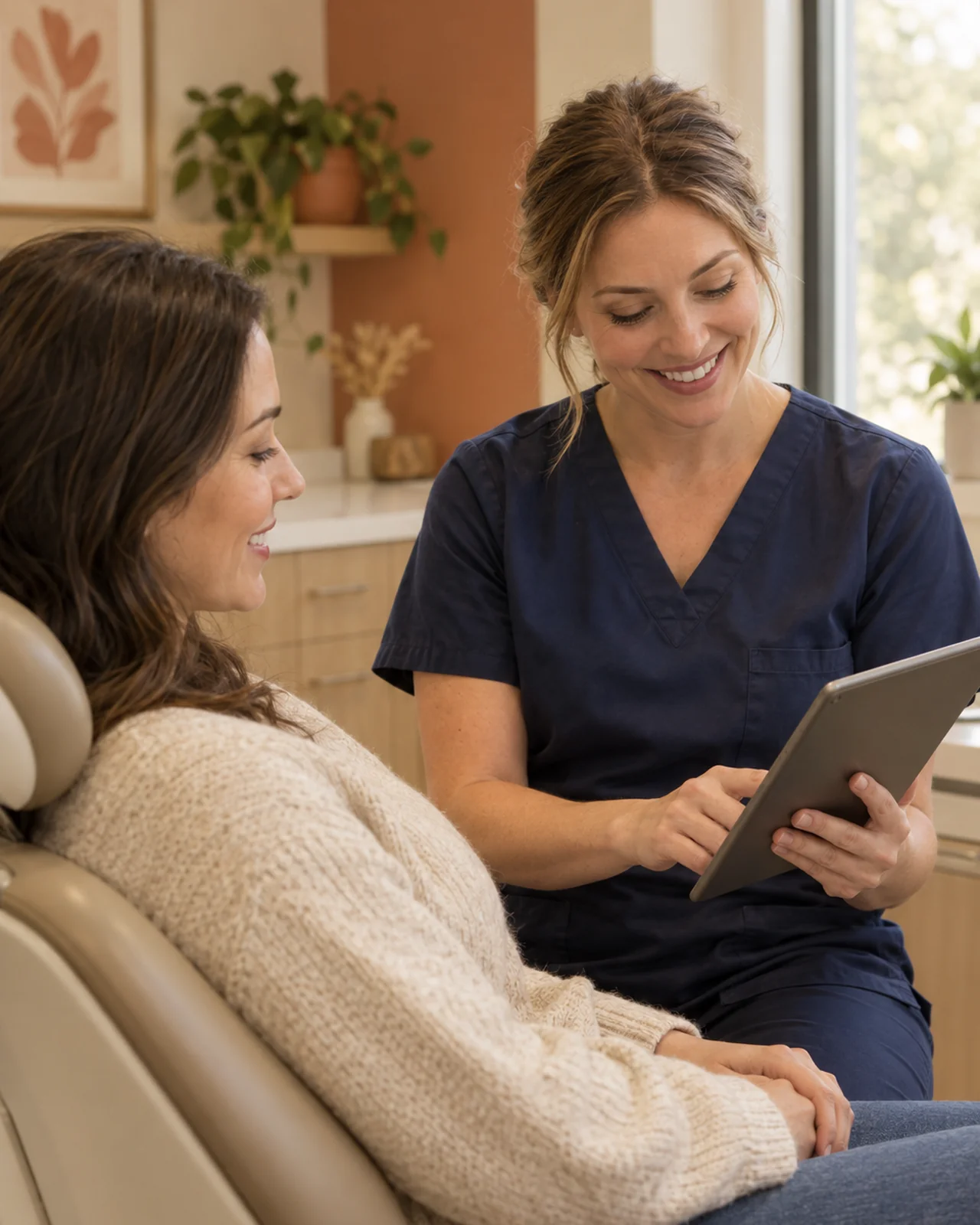 A hygienist reviews notes on a tablet with a relaxed adult patient during a routine checkup.