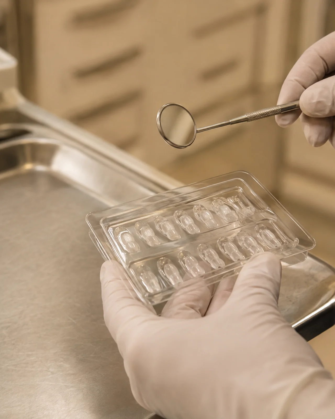 Gloved hands hold a dental mirror and a clear tray of dental sealant material on a stainless work surface.
