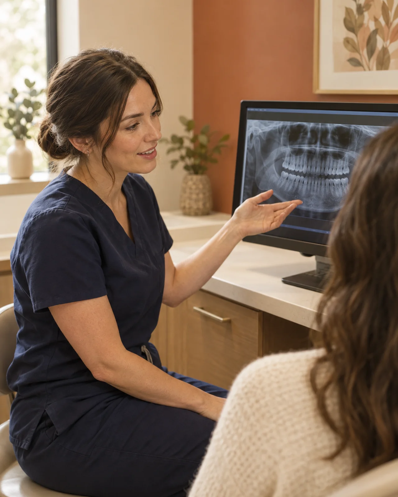 A dentist explains a dental X-ray on a monitor to a patient in a warm consult room.