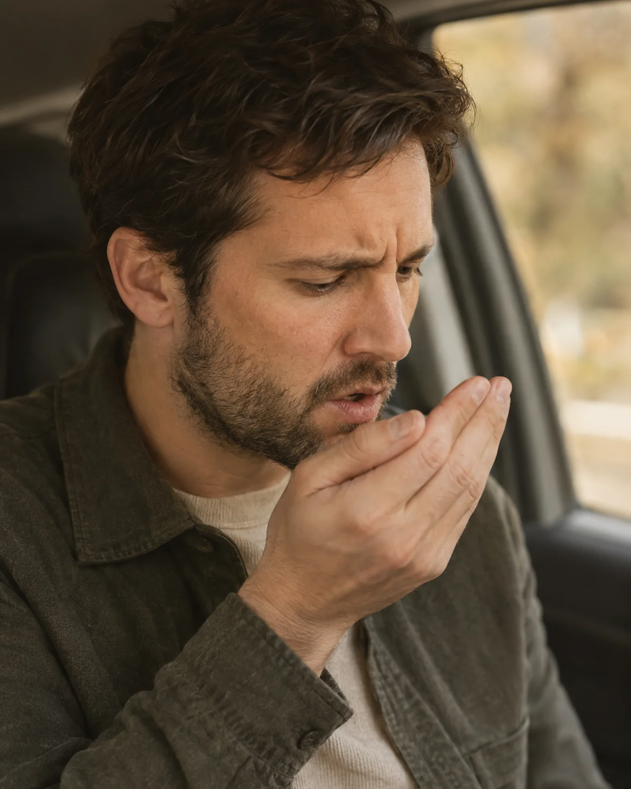 An adult man checks his own breath discreetly with a subtly unhappy expression.
