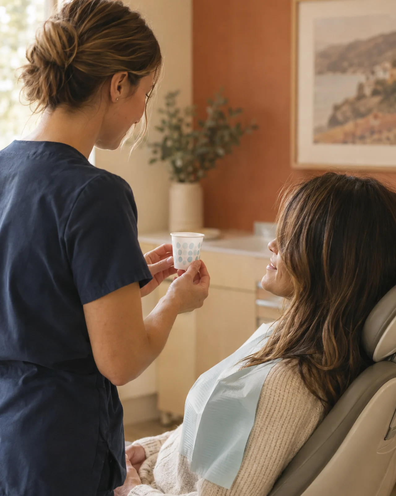 A hygienist offers a small rinse cup to a relaxed adult patient in a modern dental chair.