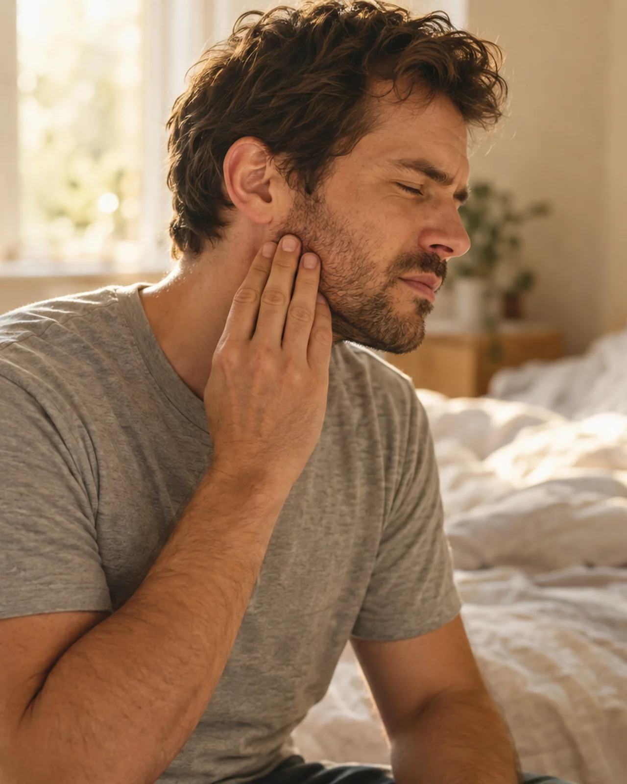 An adult sits at the edge of a bed in morning light and gently presses fingers against the jaw, easing morning tension.