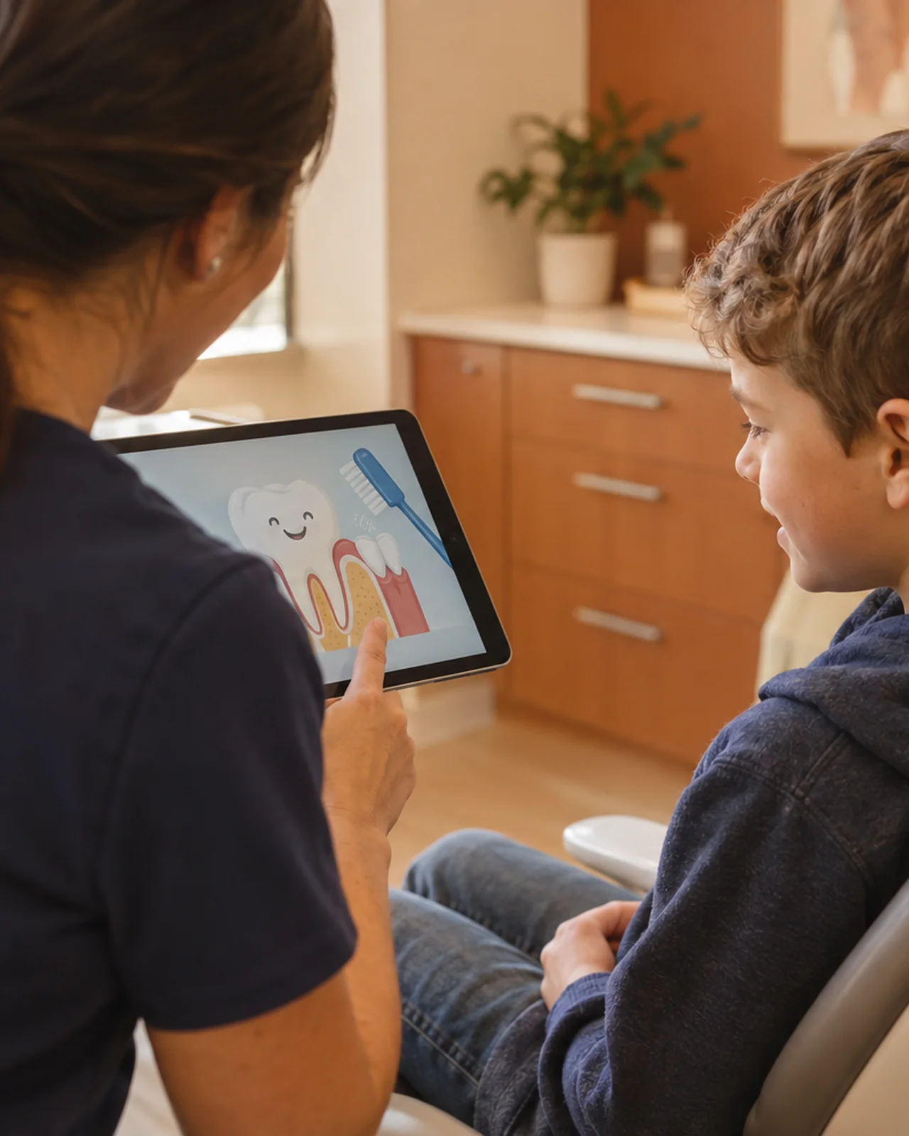 A hygienist shows a smiling child an educational tooth illustration on a tablet during a chairside visit.