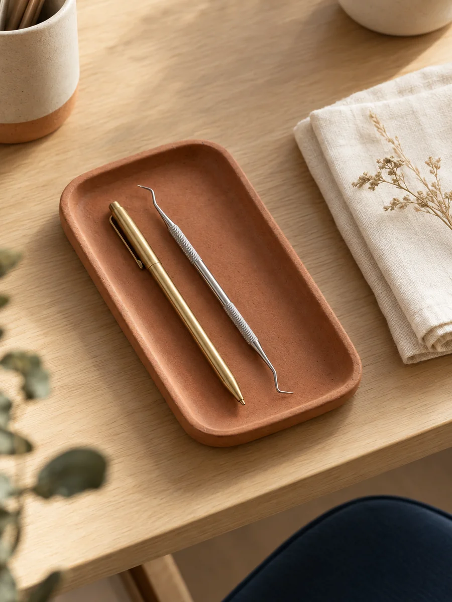 photorealistic overhead: a small terracotta ceramic tray holding a warm brass pen and a fine dental sculpting instrument, beside a folded cream linen napkin and a tiny sprig of dried grass, on a light