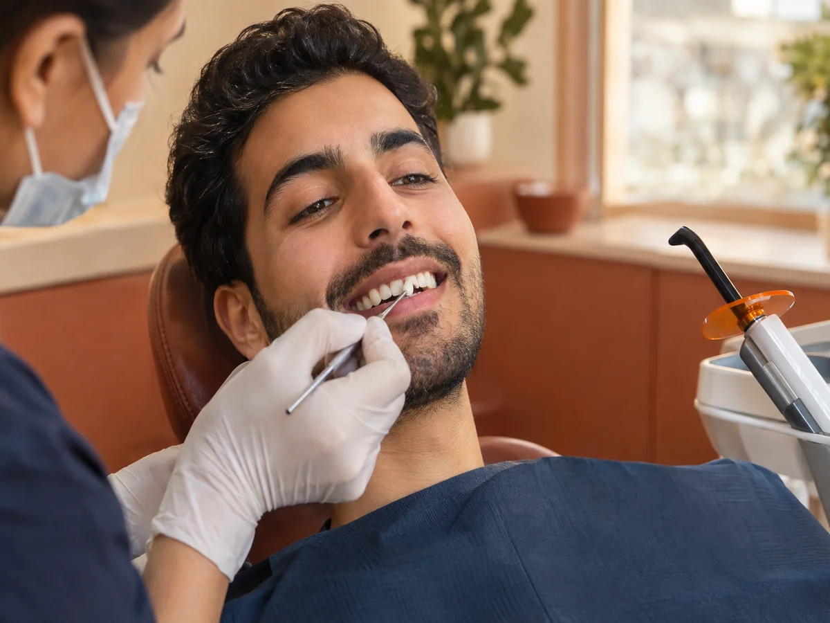 photorealistic close-up of a Middle Eastern man in his late 20s in a modern dental treatment chair, smiling as the dentist shapes tooth-coloured composite on a front tooth using a fine sculpting instr