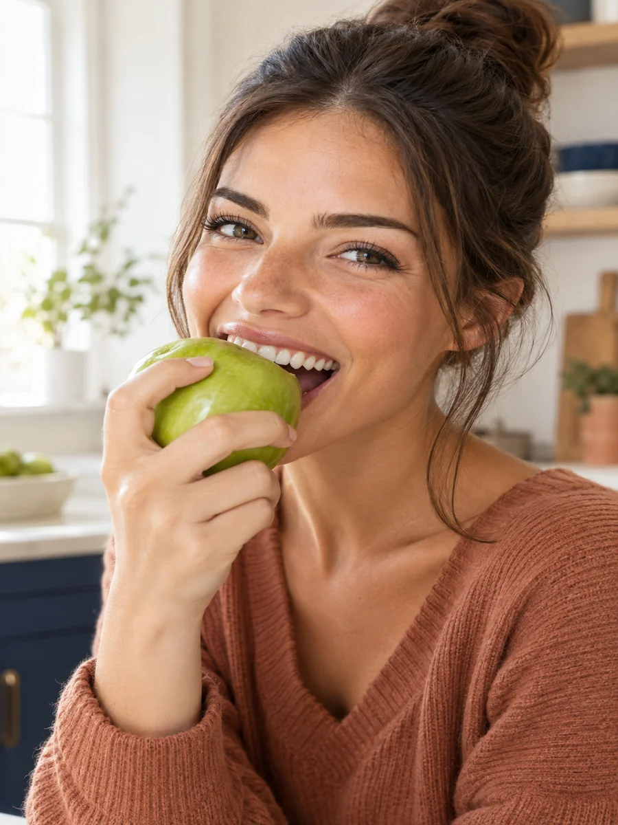 photorealistic close-up of a young woman with a natural bright smile, biting gently into a fresh green apple in a bright cream-walled kitchen, soft morning light, focus on the smile and the apple, war