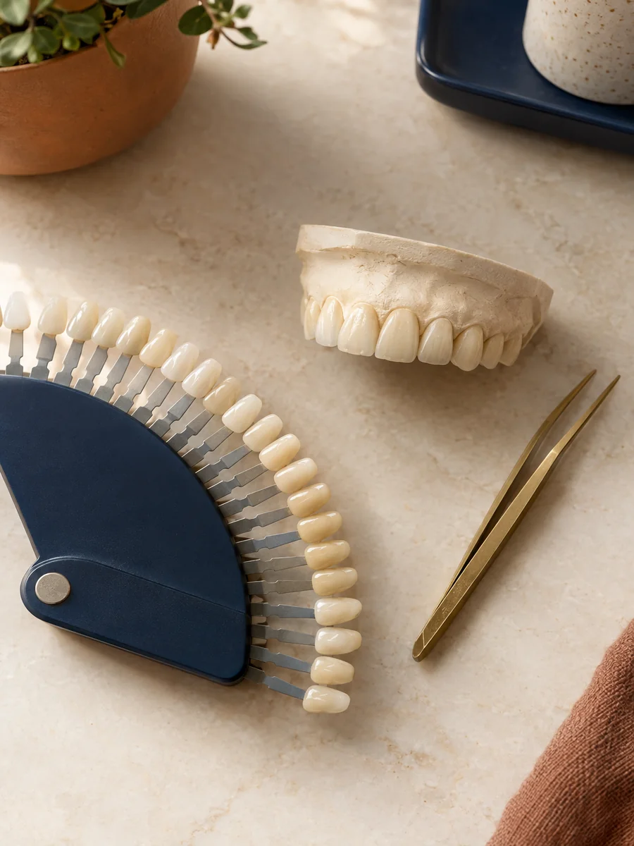 photorealistic detail: a dental shade guide fan open beside a natural-looking model of the upper front six teeth on a cream stone counter, warm brass tweezers alongside, editorial overhead composition