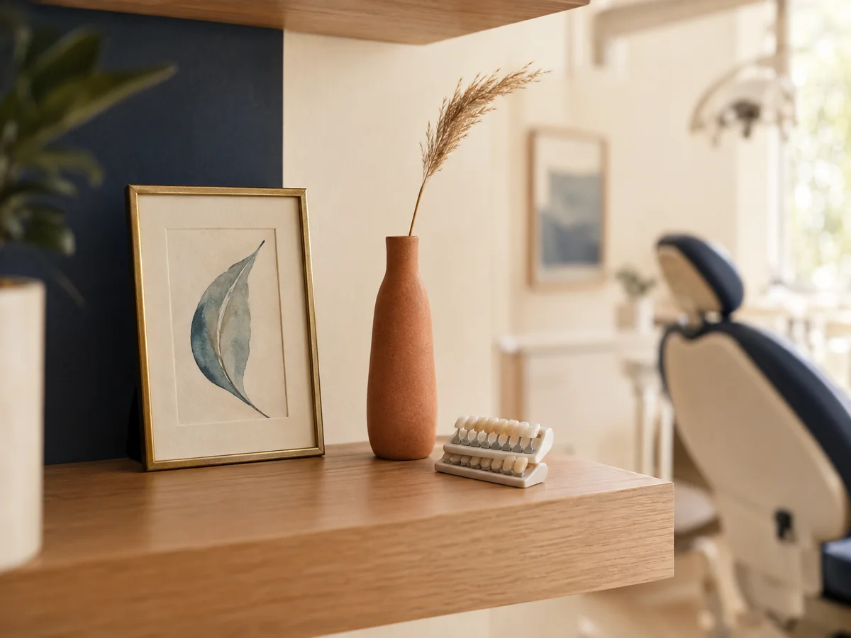 photorealistic detail: a curated shelf in a warm modern dental office with a small brass-framed watercolour of a curved leaf, a slim terracotta ceramic pot with a single dried grass stem, and a stack