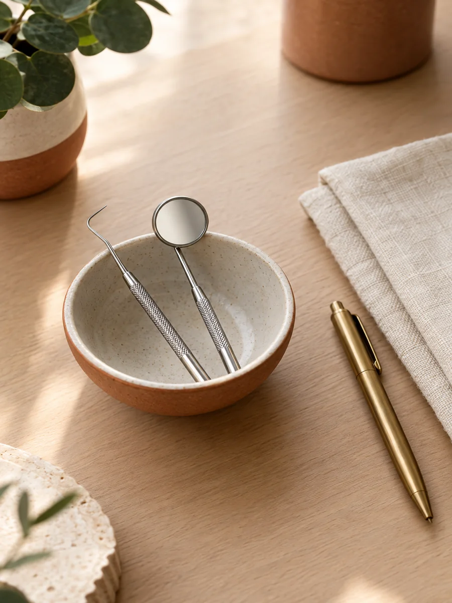 photorealistic overhead: a small ceramic bowl holding a fine periodontal probe and a small mirror, beside a warm brass pen and a folded cream linen napkin, on a light wood desk with soft window light,