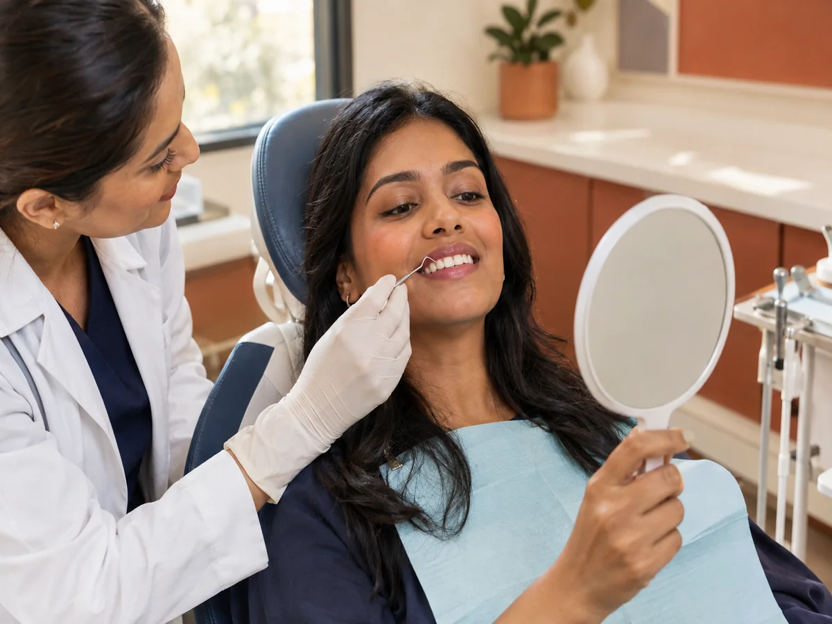 photorealistic close-up of a South Asian woman in her early 30s seated in a modern dental treatment chair, holding a small hand mirror as the dentist gestures gently near her upper gum line with a fin