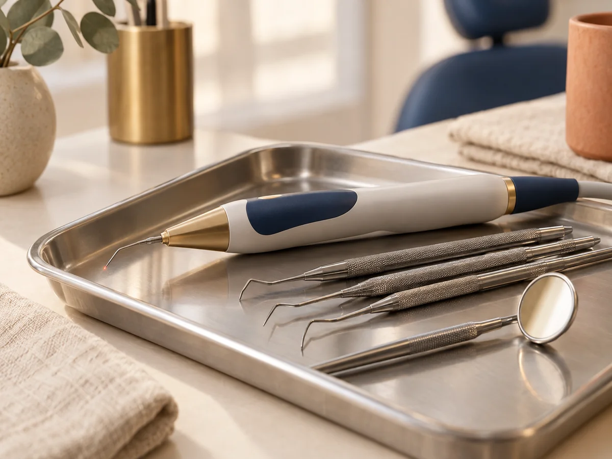 macro close-up of a fine soft-tissue laser handpiece resting on a small stainless steel dental tray beside a set of fine periodontal probes and a small mirror, cream linen backdrop, warm brass accents