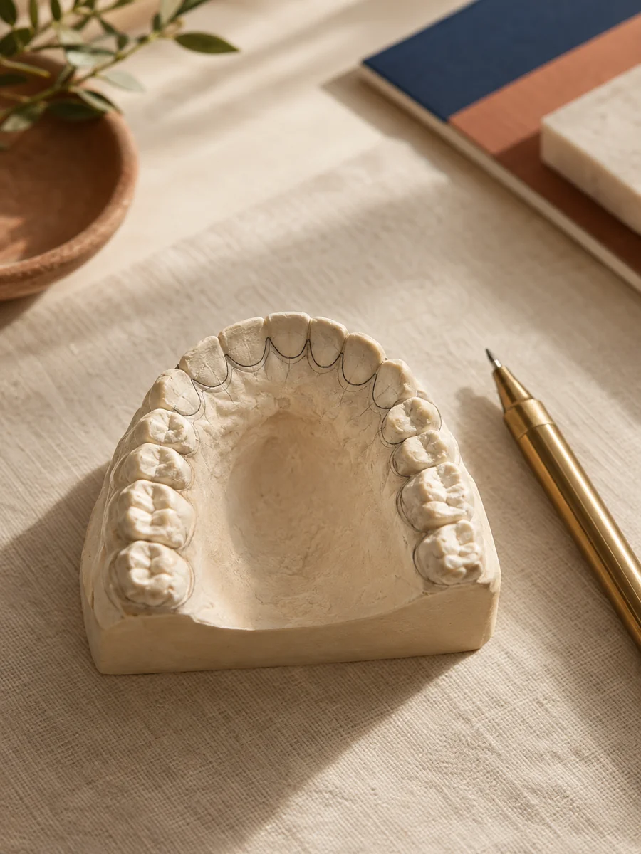 photorealistic detail: a stone dental model of the upper arch on a cream linen cloth with the gum line carefully marked in fine pencil to show a proposed new contour, warm brass fine-tip pen alongside
