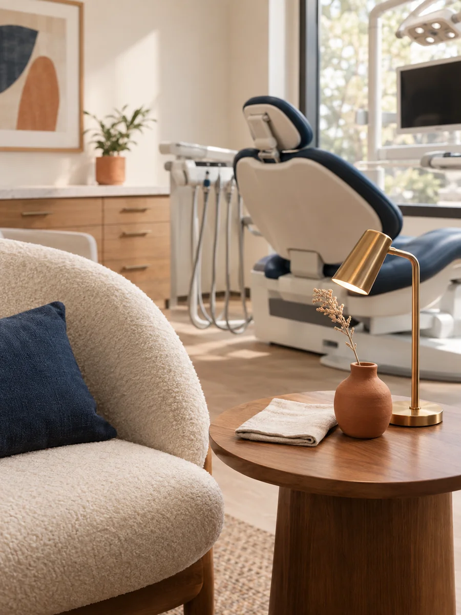 photorealistic detail of a warm modern dental consultation nook: a small round wood side table with a folded cream linen napkin, a small terracotta ceramic vase with a single dried stem, and a small b