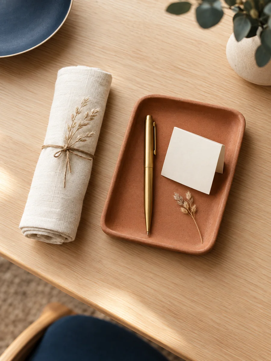 photorealistic overhead flat lay: a rolled cream linen napkin, a small terracotta ceramic tray holding a warm brass pen, a small blank folded card, a tiny sprig of dried grass, on a light wood desk, n