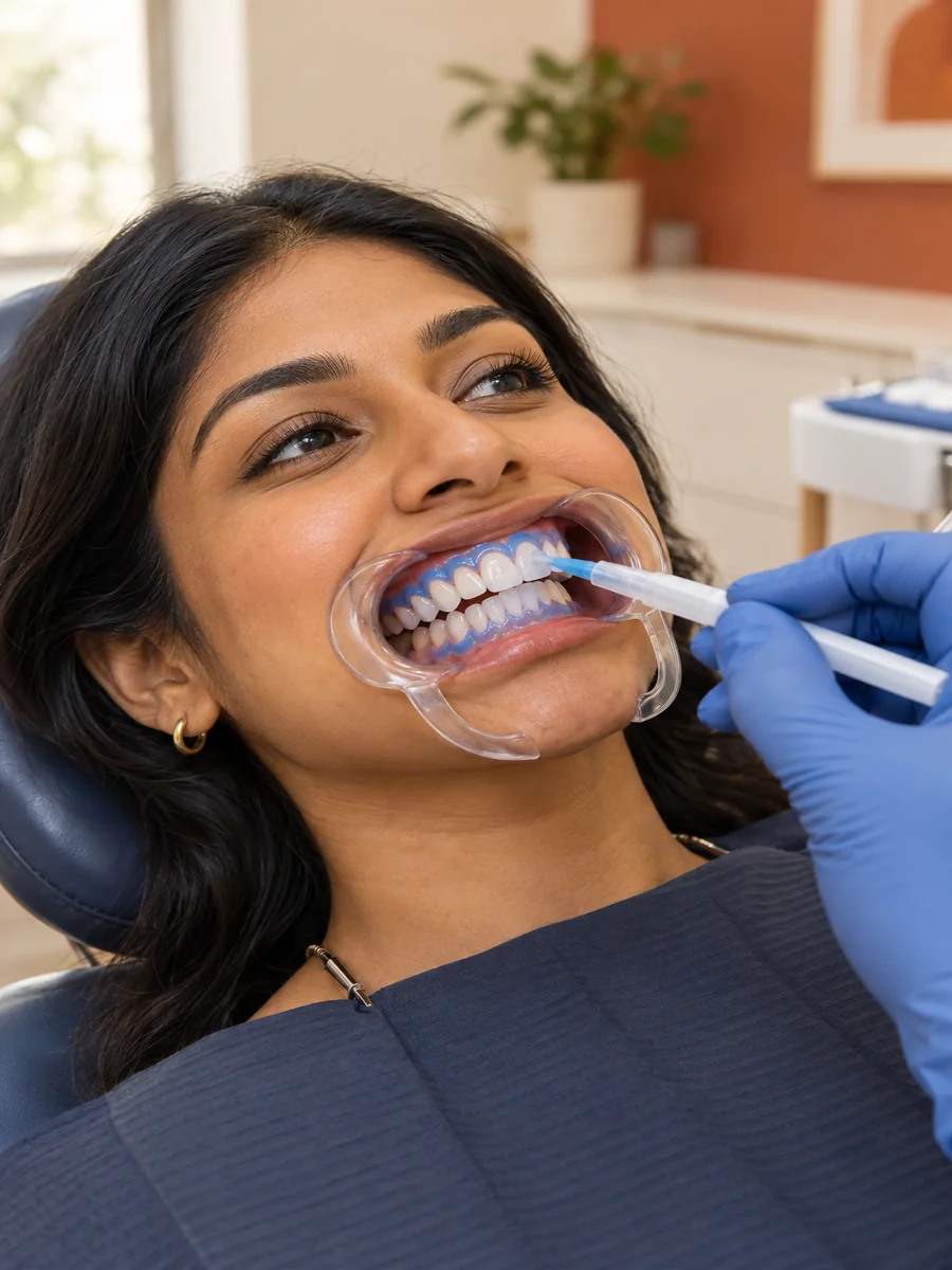 cheerful South Asian woman in her early 30s reclining in a modern dental chair, cheek retractors gently placed, professional whitening gel being applied to her front teeth by a dentist's gloved hand,