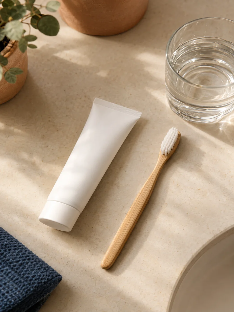 photorealistic overhead: a small aftercare kit — a white tube of sensitivity toothpaste (all text blurred illegible), a soft-bristle toothbrush with a natural wood handle, and a small glass of water —