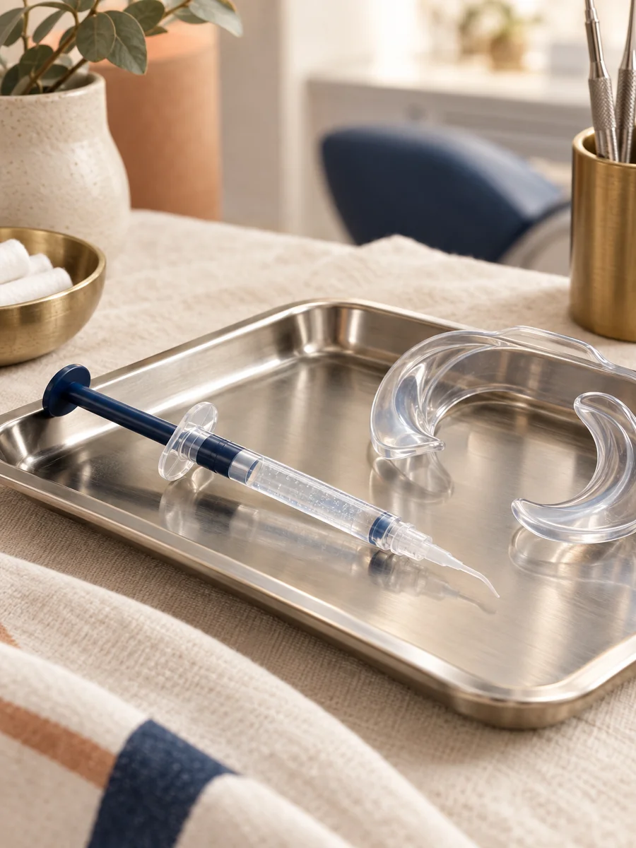 close-up macro of a professional-strength whitening gel syringe with a fine tip, resting on a small stainless steel dental tray next to a clear silicone cheek retractor, on a cream linen cloth, warm b
