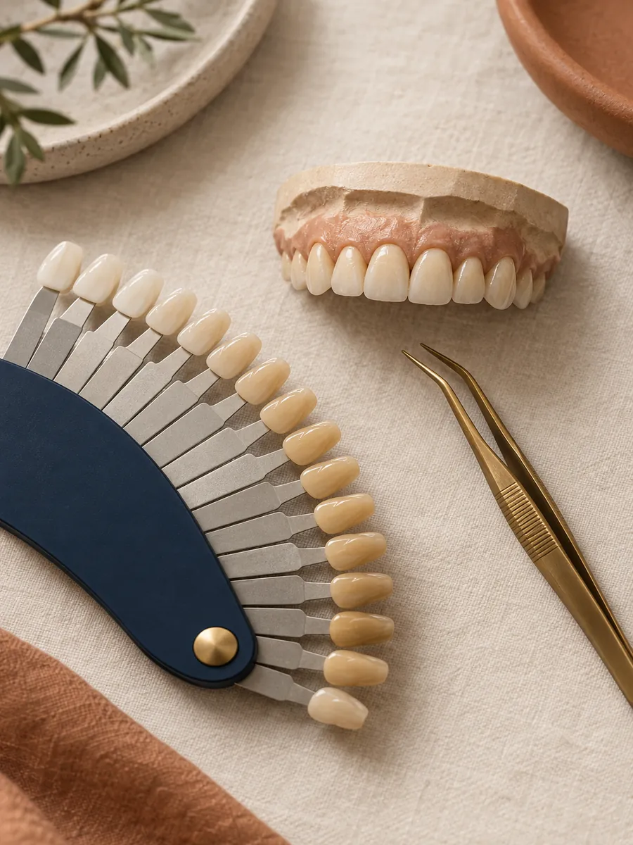 dental shade guide fan open on a cream linen surface next to a natural-looking model of the upper front six teeth, warm brass tweezers alongside, editorial overhead composition