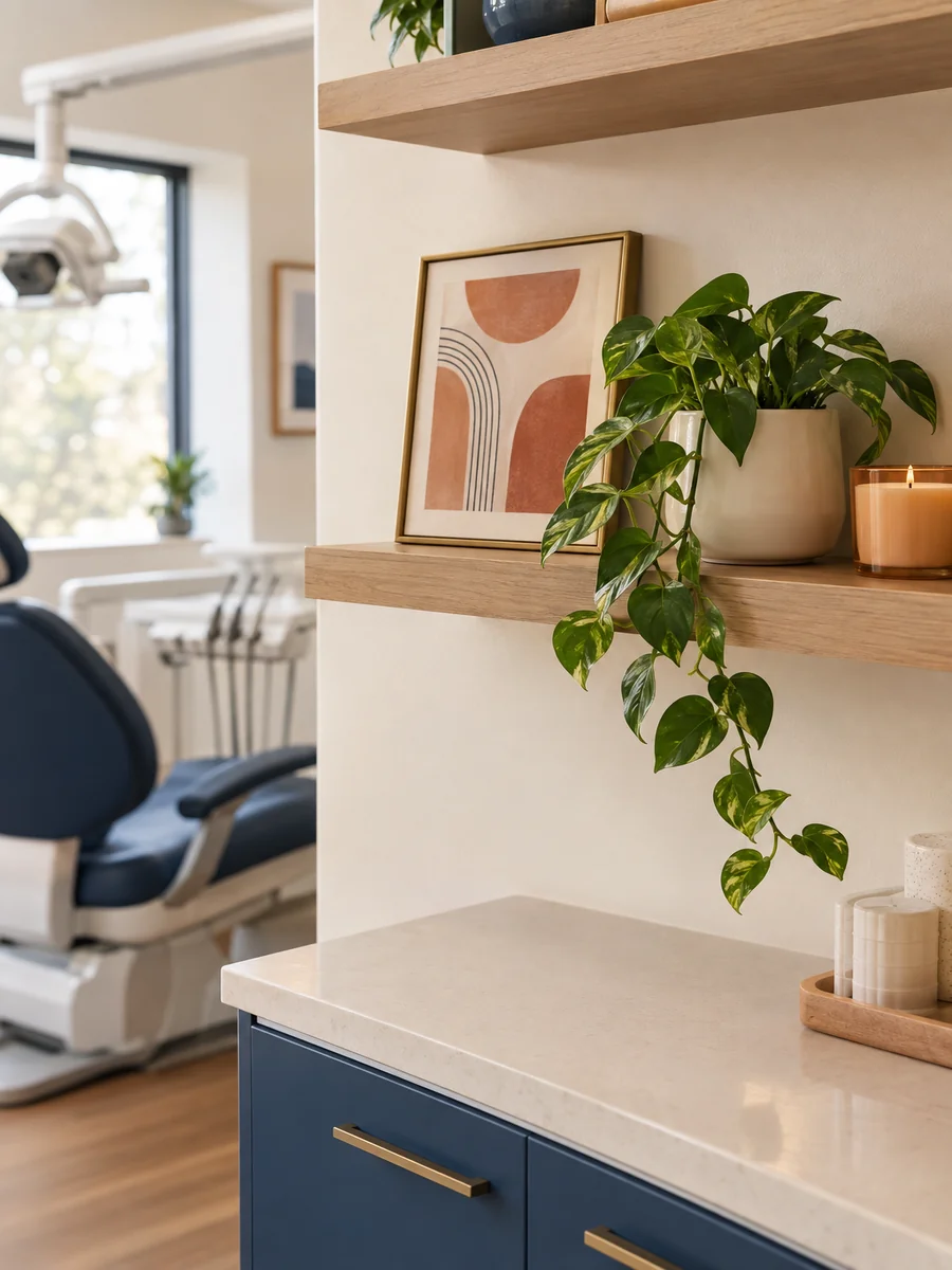 photorealistic detail: a curated shelf in a modern dental office with a small brass-framed abstract terracotta print, a single trailing pothos plant in a cream ceramic pot, and a warm unlit soy candle