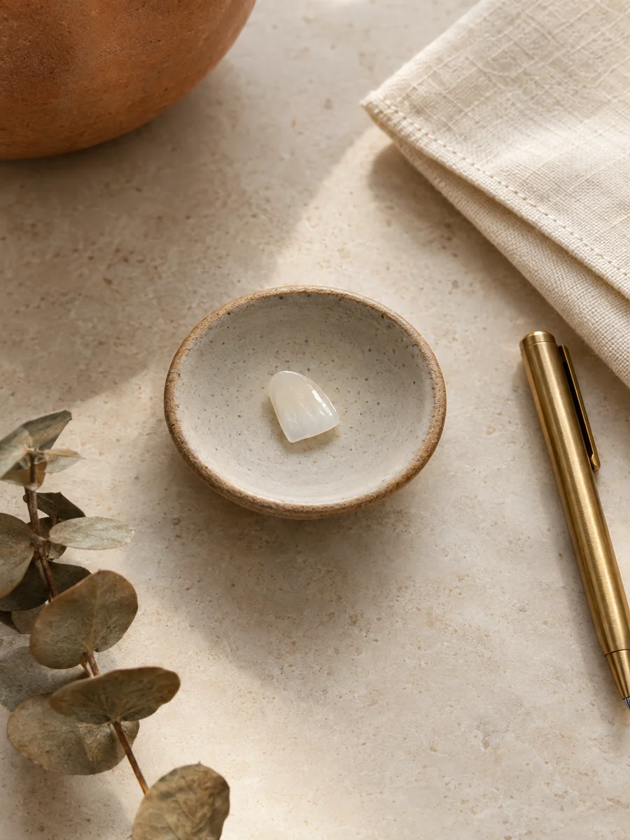 photorealistic overhead: a small ceramic dish holding a single thin porcelain veneer shell, beside a warm brass pen and a folded cream linen napkin, on a cream stone counter with a small sprig of drie