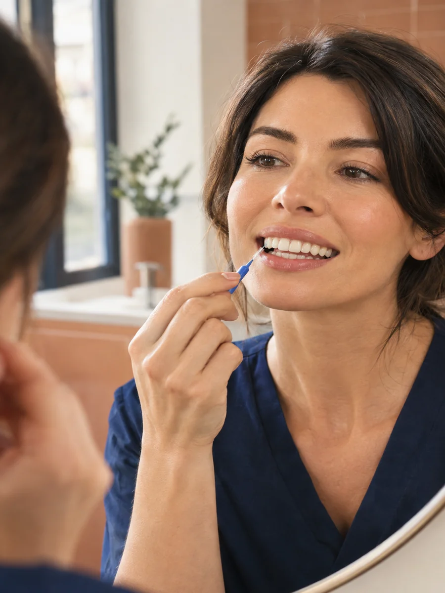 photorealistic close-up of a woman using an interdental brush to clean along the gum line of her front teeth in a modern bathroom mirror, warm natural light, calm confident expression, focus on the te