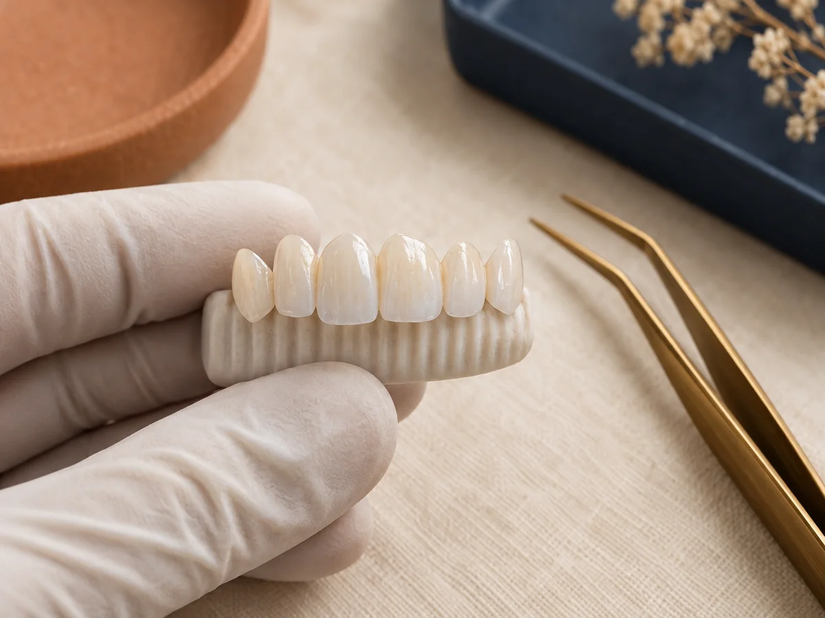 macro close-up of a set of thin porcelain veneer shells (six upper front veneers) resting on a small ridged porcelain finger, held gently by a dentist's gloved hand against a cream linen backdrop, war