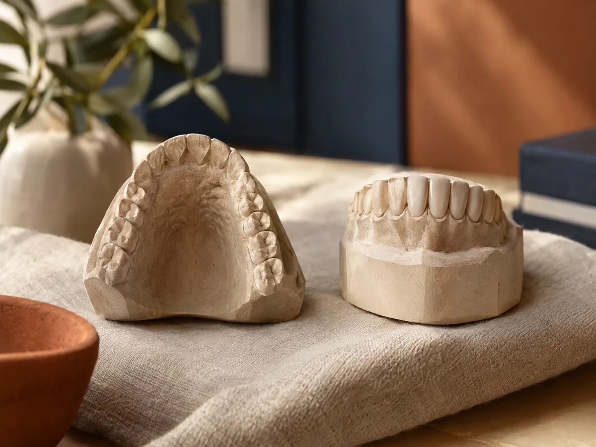 photorealistic detail: a stone dental model of the upper arch on a cream linen cloth, beside a wax-up model showing the proposed new shape of the front six teeth, warm side lighting, editorial composi