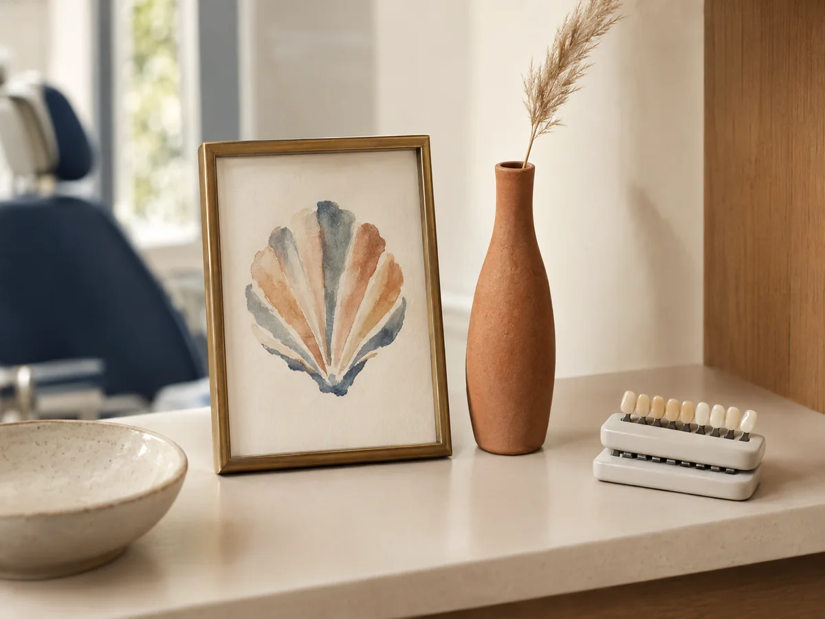 photorealistic overhead: a curated dental office shelf featuring a small brass-framed watercolour of an abstract shell shape, a slim terracotta ceramic vase with a single dried grass stem, and a stack