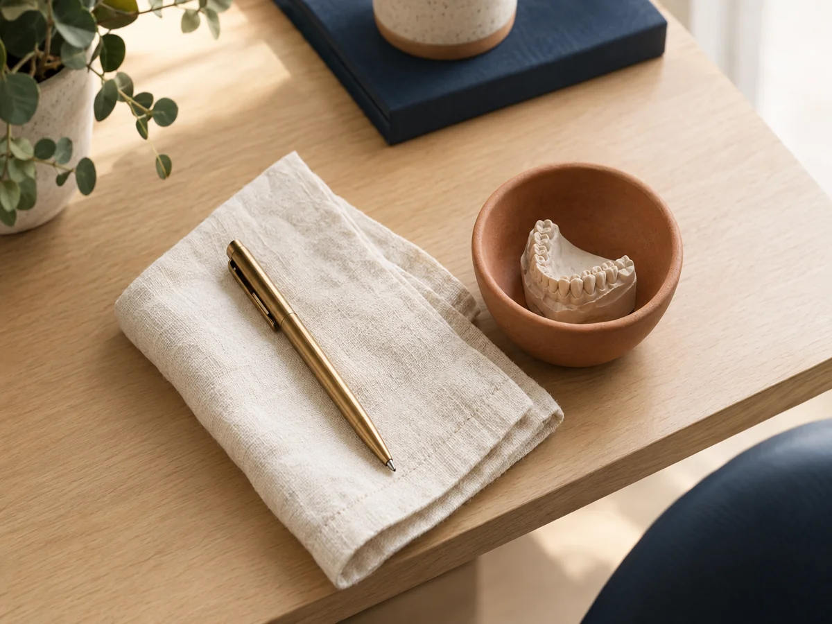 photorealistic overhead: a warm brass pen resting on a folded cream linen napkin, beside a small terracotta ceramic bowl holding a single small stone dental model, on a light wood desk with soft windo