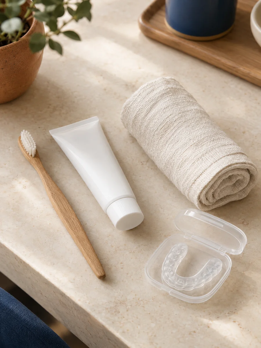 photorealistic overhead: a small maintenance kit on a cream stone counter — a soft toothbrush with a natural wood handle, a white tube of toothpaste (all text blurred illegible), a rolled cream linen