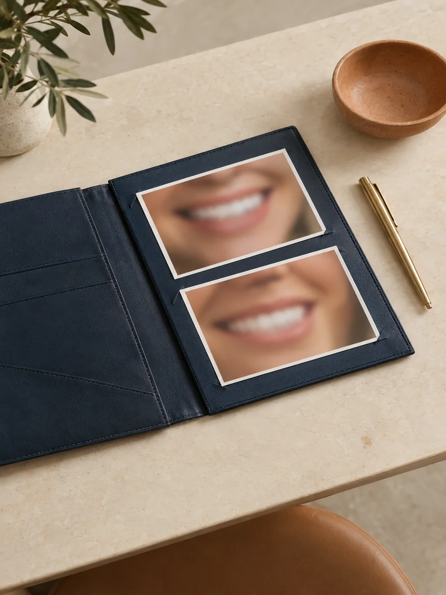 photorealistic detail: an open leather portfolio on a cream stone desk showing two blurred unlabeled colour photographs of a smile (illegible), alongside a warm brass pen and a small terracotta cerami