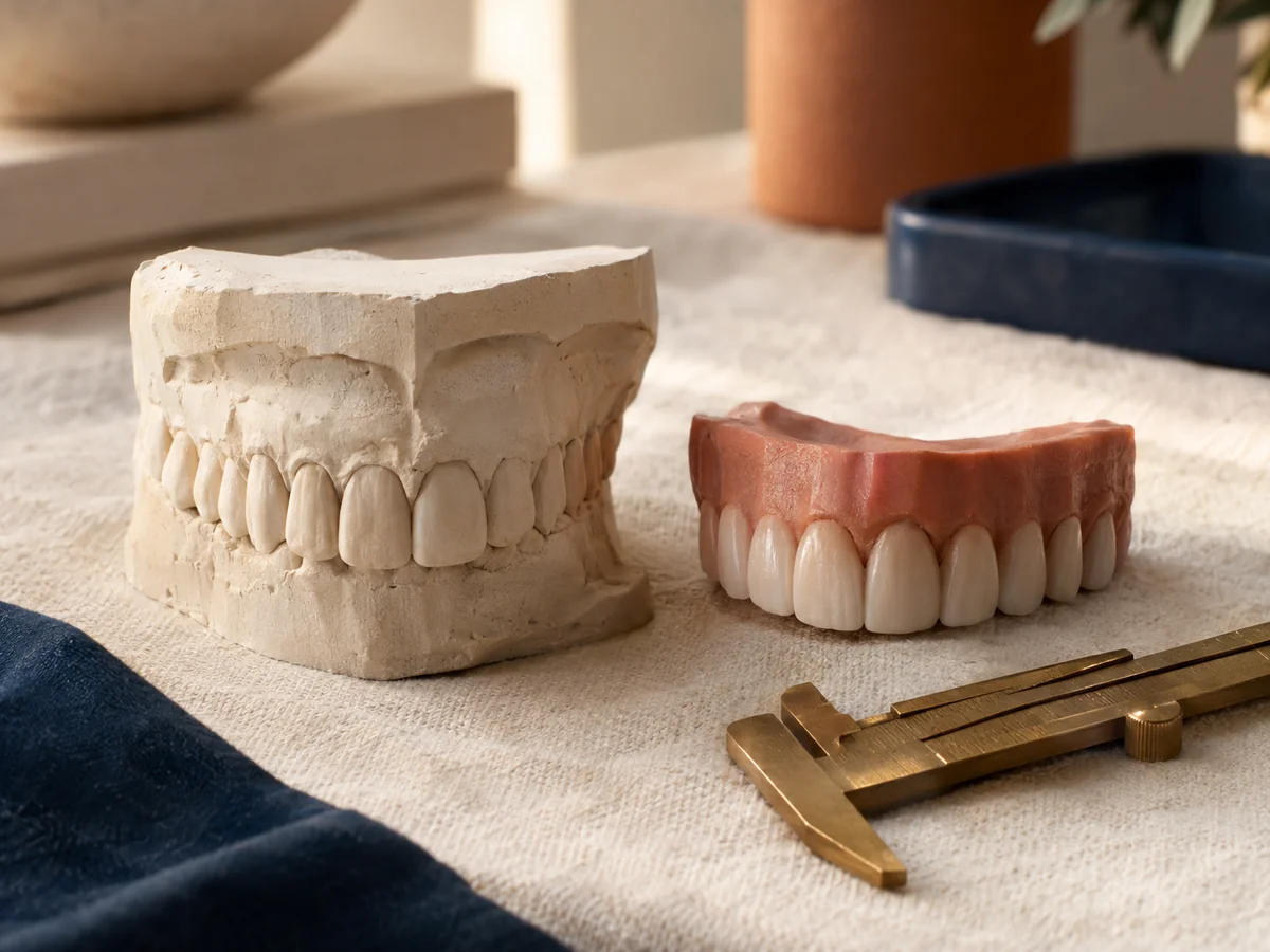 photorealistic close-up of a stone dental model on a cream linen cloth beside a wax-up showing the proposed new shape of the upper front teeth, warm brass calliper resting alongside, editorial side li