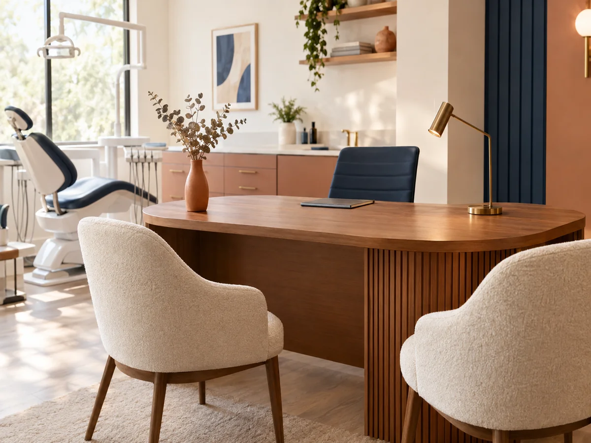 photorealistic detail of a warm modern dental consultation room: two upholstered chairs in cream boucle facing a curved wood desk, a slim terracotta ceramic vase with dried eucalyptus, and a single sm