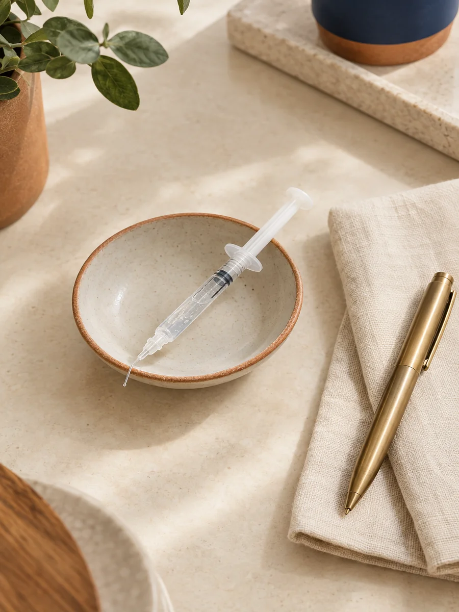 photorealistic overhead: a small ceramic dish holding a clear whitening gel syringe with a fine tip, beside a folded cream linen napkin and a warm brass pen, on a cream stone counter, soft window ligh