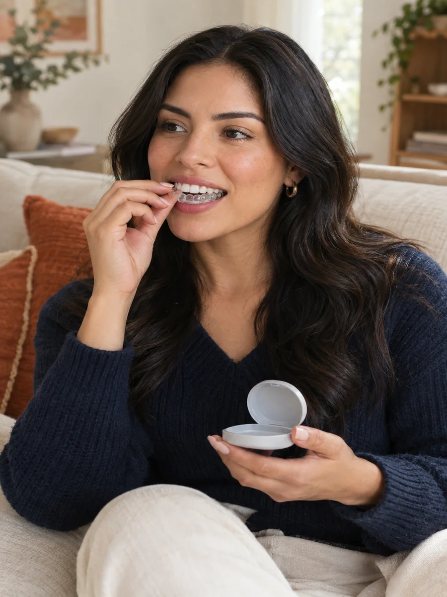 photorealistic close-up of a Latina woman in her late 20s at home, seated on a cream linen sofa in soft morning light, placing a clear custom whitening tray into her mouth with careful fingers, holdin