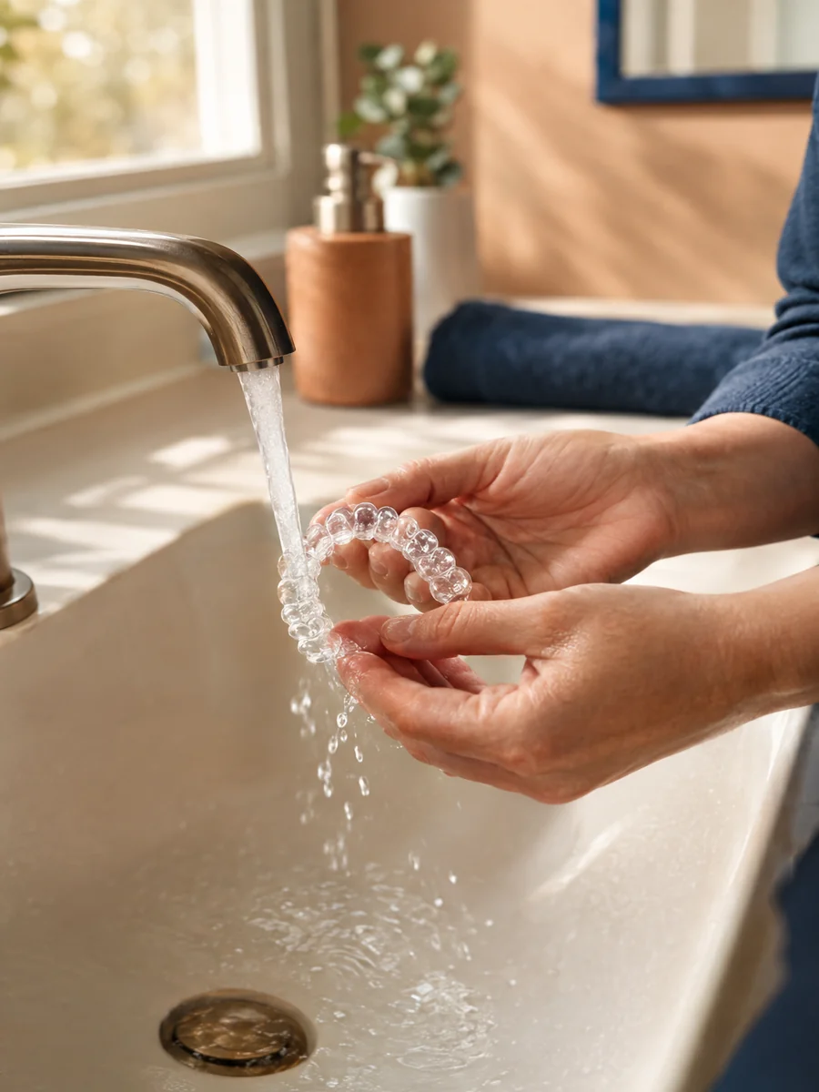 photorealistic detail of a whitening tray being rinsed under a running tap in a modern bathroom, hands holding the tray carefully, warm morning light streaming through a nearby window