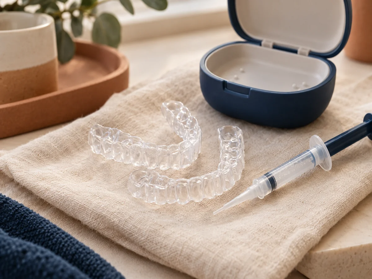 macro close-up of a pair of clear thermoplastic custom whitening trays resting on a cream linen cloth beside a small opened tray case, a whitening gel syringe with a fine tip alongside, no text on any