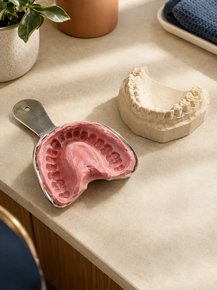 photorealistic overhead: a dental impression tray with pink alginate impression material showing clear tooth imprints, alongside a stone dental model on a cream stone counter, warm editorial lighting