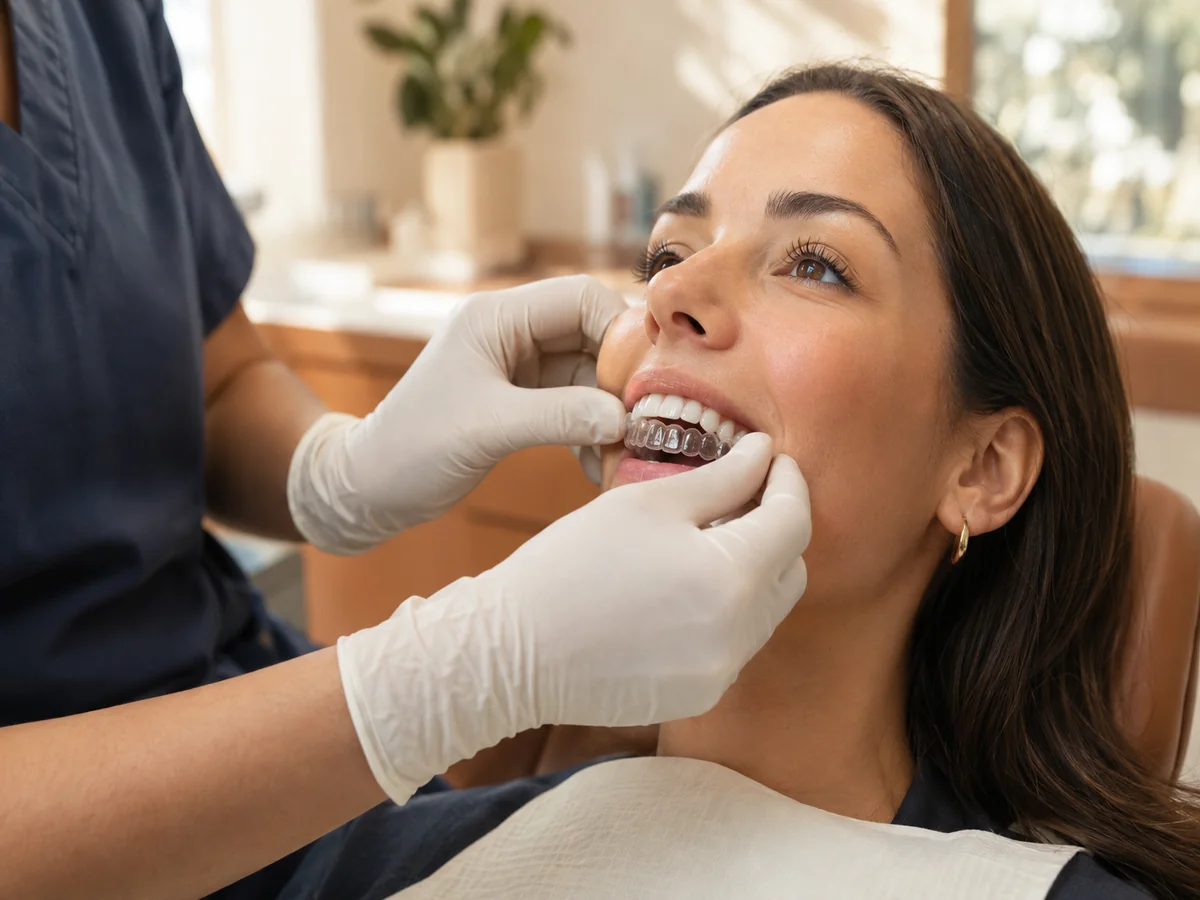 photorealistic close-up of a dentist's gloved hands checking the fit of a clear whitening tray in a patient's mouth, warm treatment room in the background, focus on the tray and gloved hands