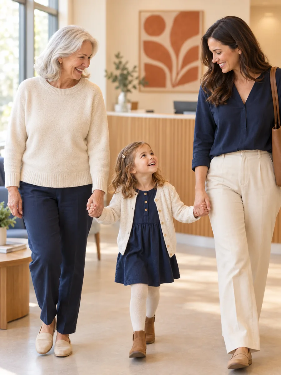 A mixed-race family of four smiles together in a bright modern dental clinic waiting area in warm natural light.