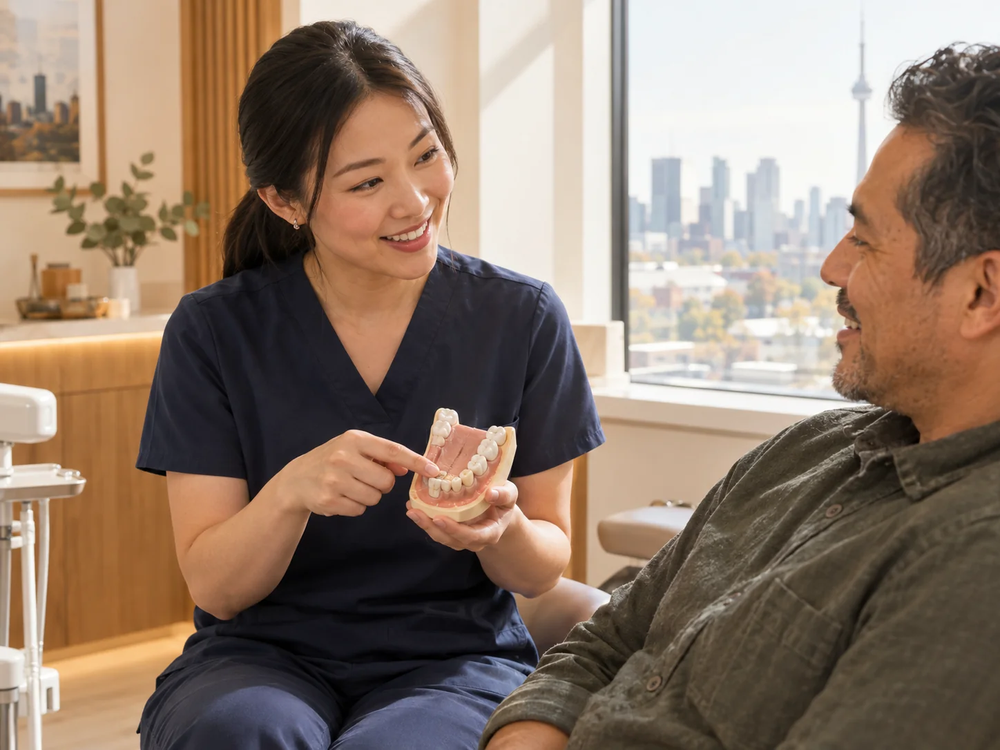 A friendly dentist sits with an adult patient in a modern operatory, holding a small 3D dental jaw model and pointing to a tooth.