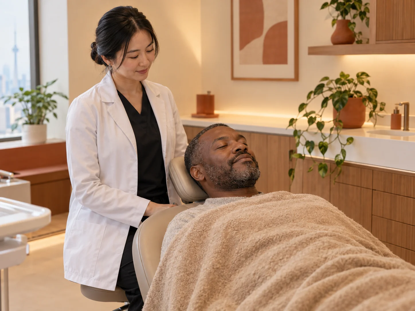 A calm adult patient rests comfortably in a modern dental chair with a soft blanket while a dentist gently monitors beside them.