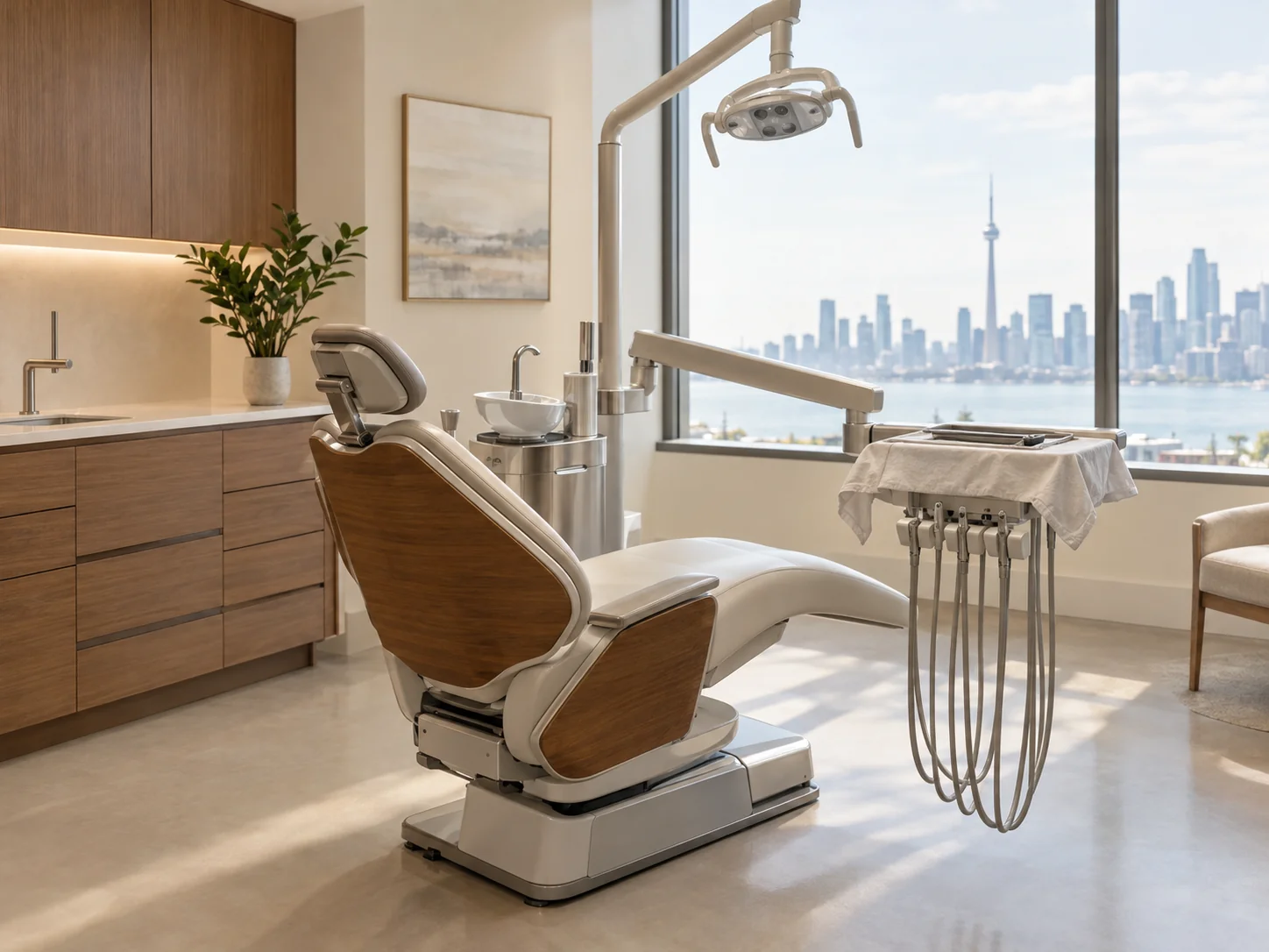 A bright, calm, sophisticated modern specialty dental operatory with a sleek chair, warm wood cabinetry and a Toronto skyline view.